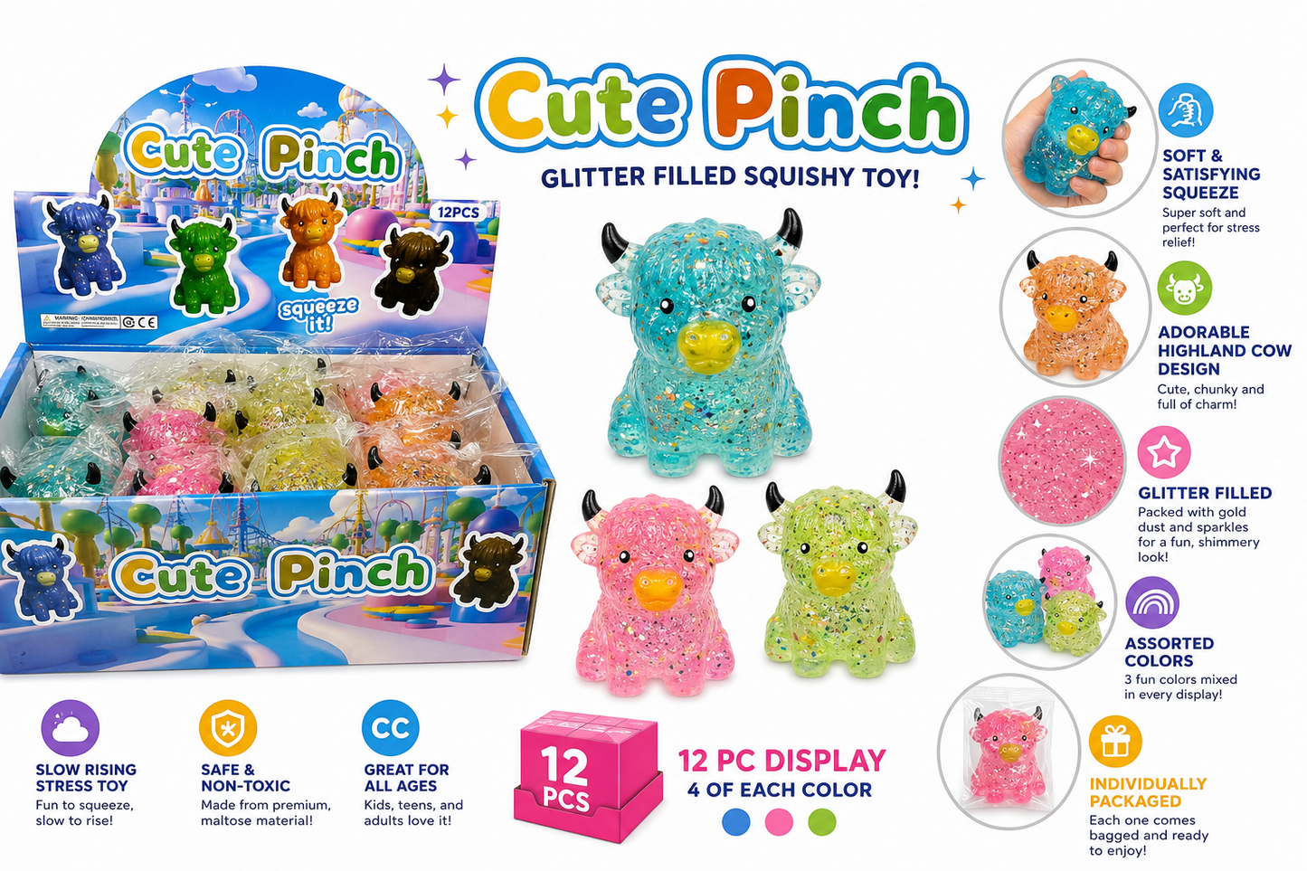 Cute Pinch Glitter Highland Bull Squishy