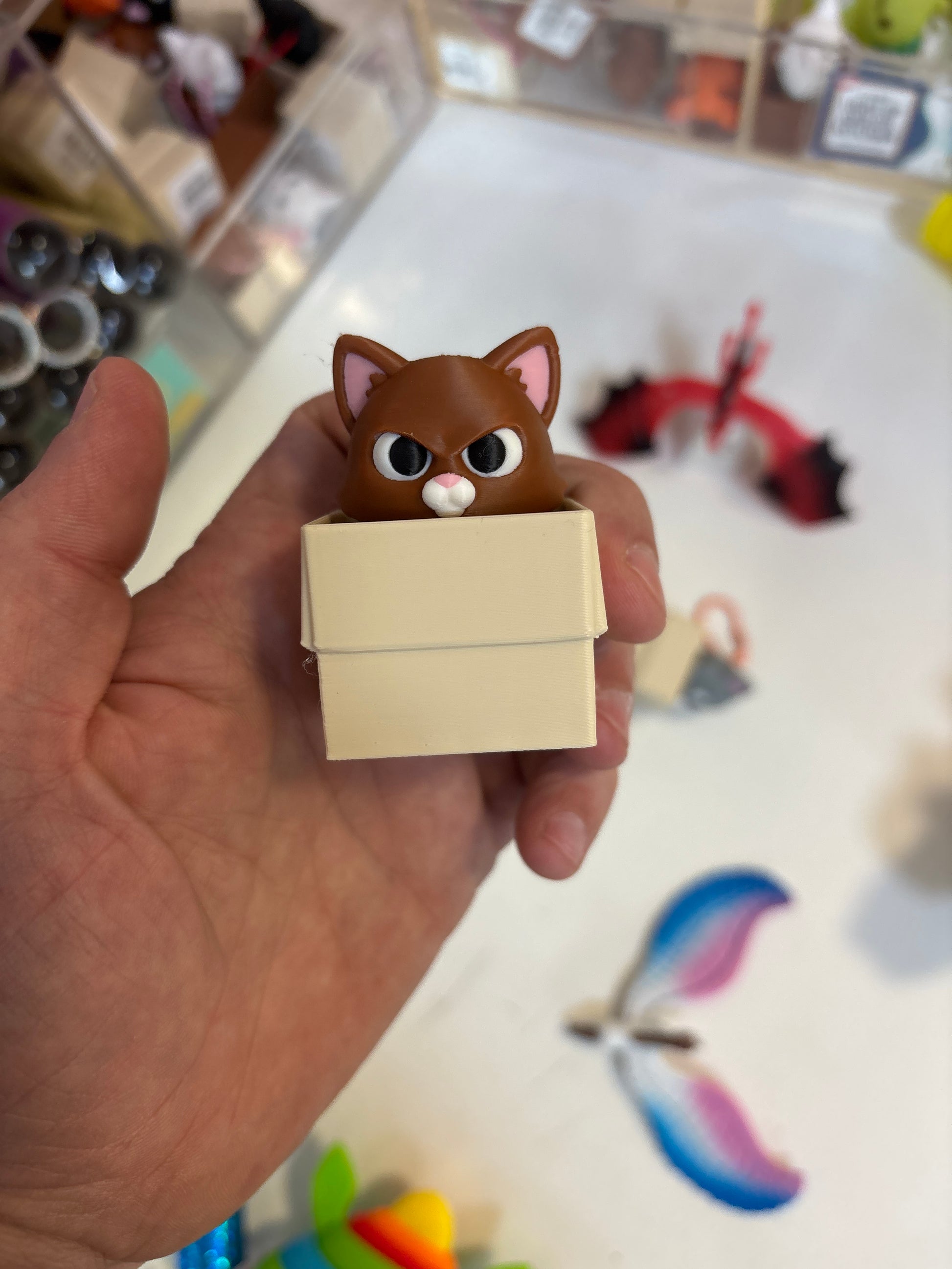 3D Printed Cat in Box Keychain Clickers - Brown - The Puntique