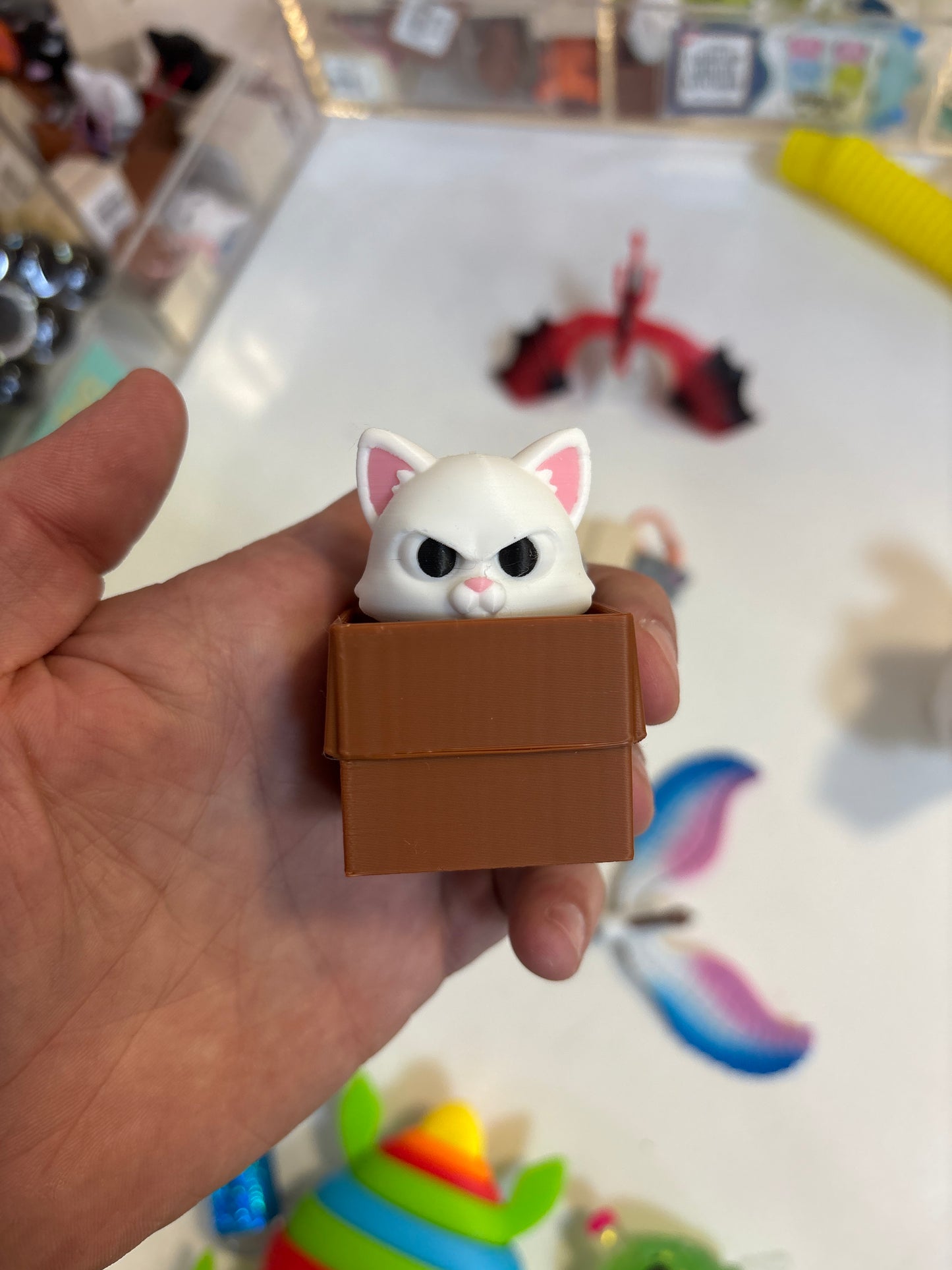 3D Printed Cat in Box Keychain Clickers - White - The Puntique