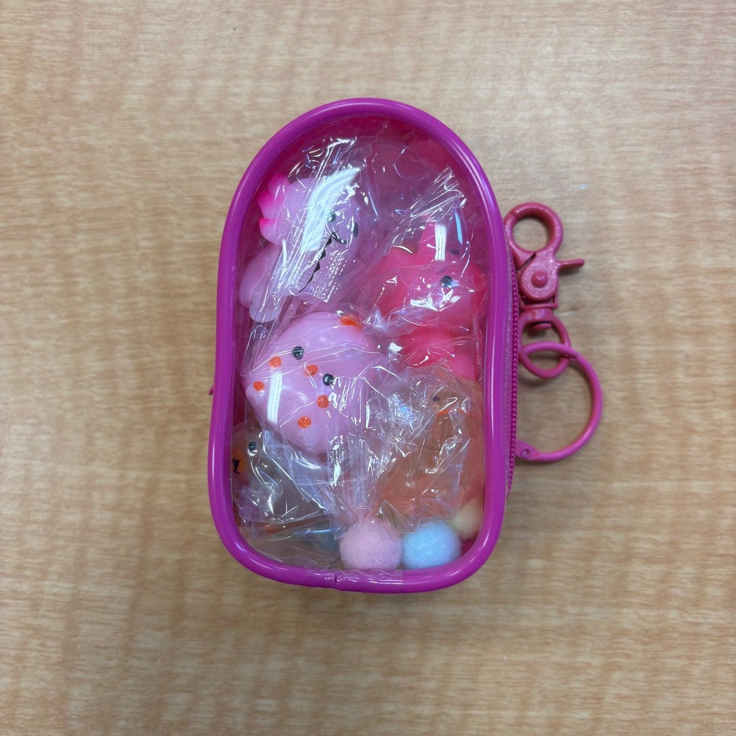 6 Squishes with Backpack Case Clip and Pom-Poms - Magenta - The Puntique