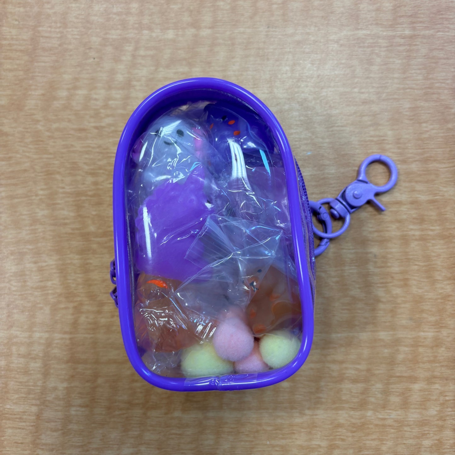 6 Squishes with Backpack Case Clip and Pom-Poms - Purple - The Puntique