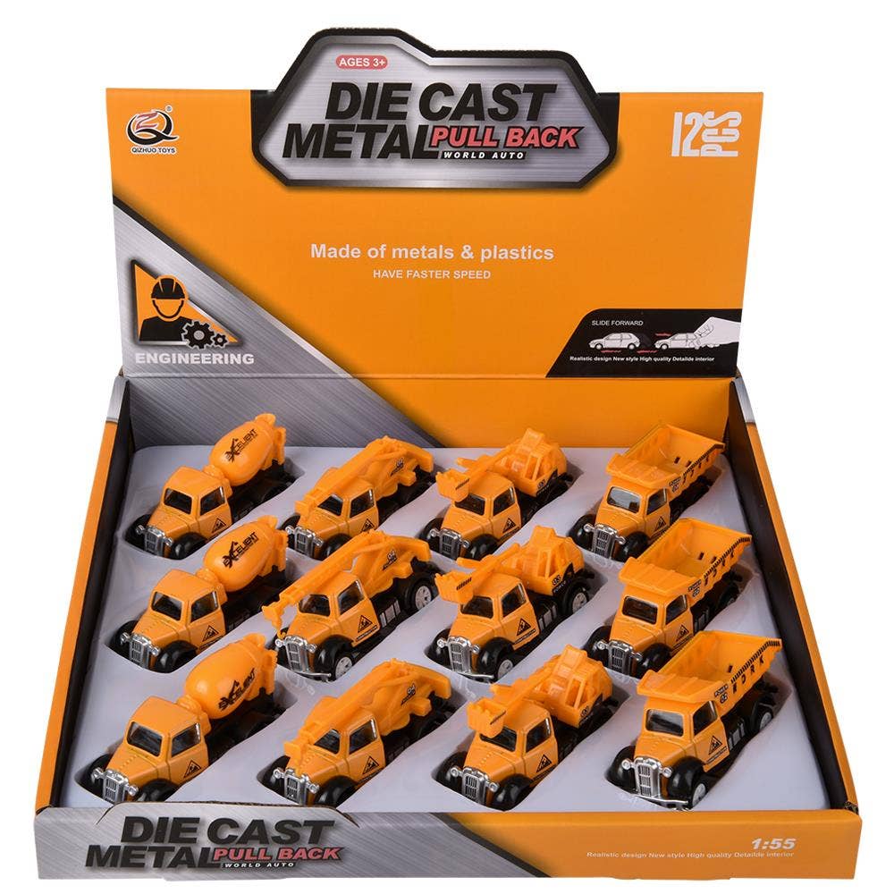 3" Die Cast Pull Back Construction Vehicles 12Ct
