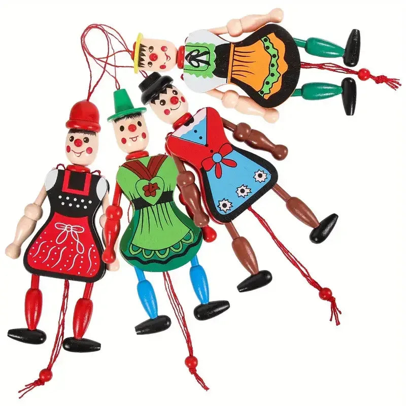 Wooden Marionette Puppets – 7" Handcrafted Pull-String Dolls - Mix Color 1 Pc - The Puntique