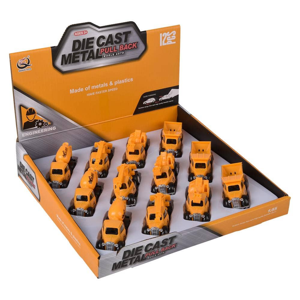3" Die Cast Pull Back Construction Vehicles 12Ct